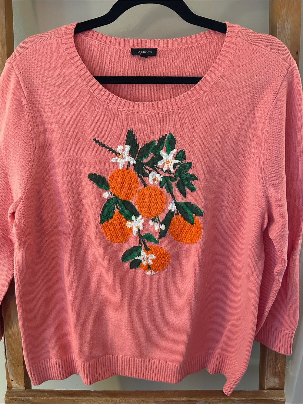 Talbots Coral Pink Crewneck Sweater with Orange Citrus Motif - NWOT